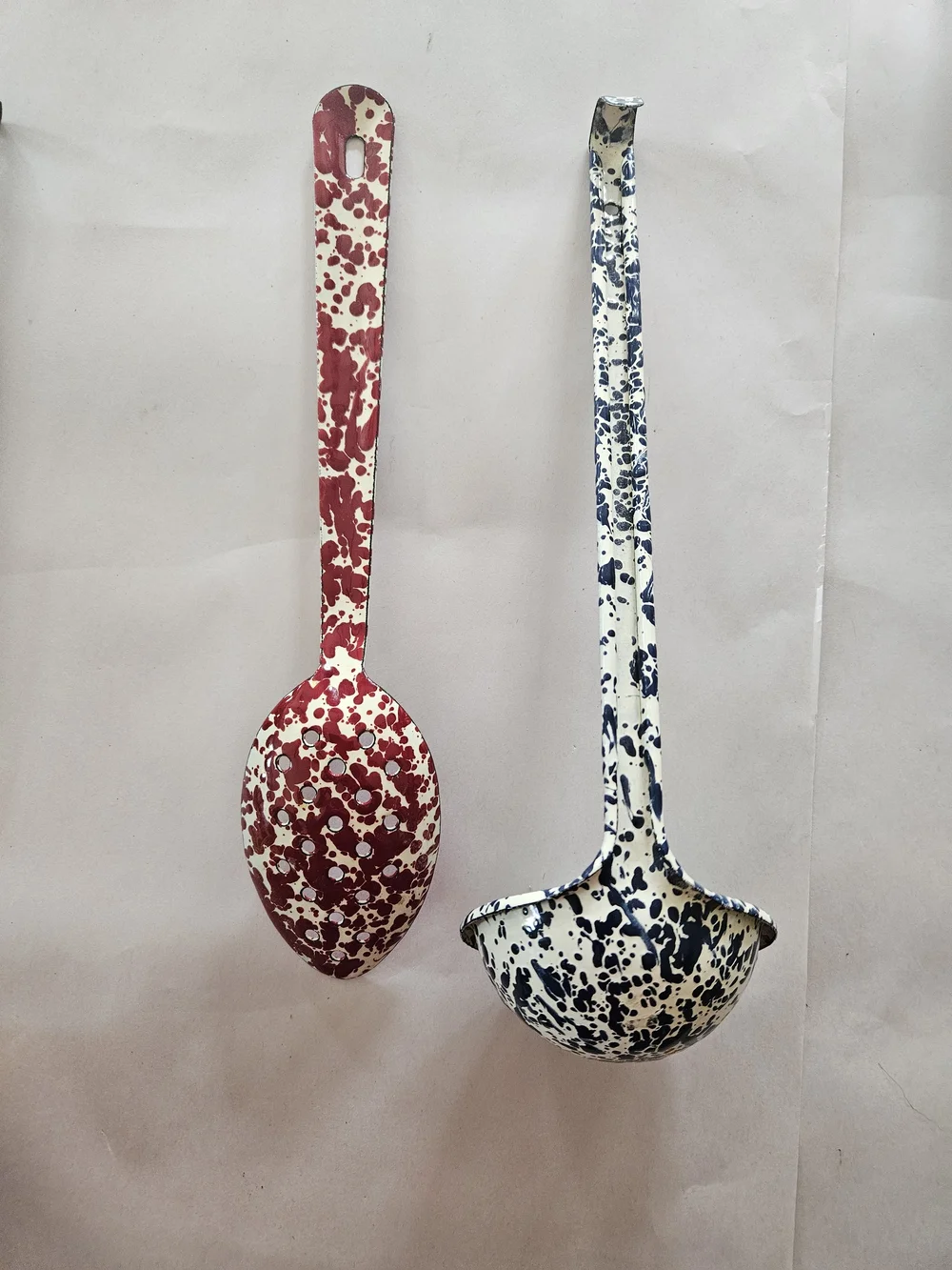 Red and Blue Speckled Enamel Serving Spoons - Set of 2
